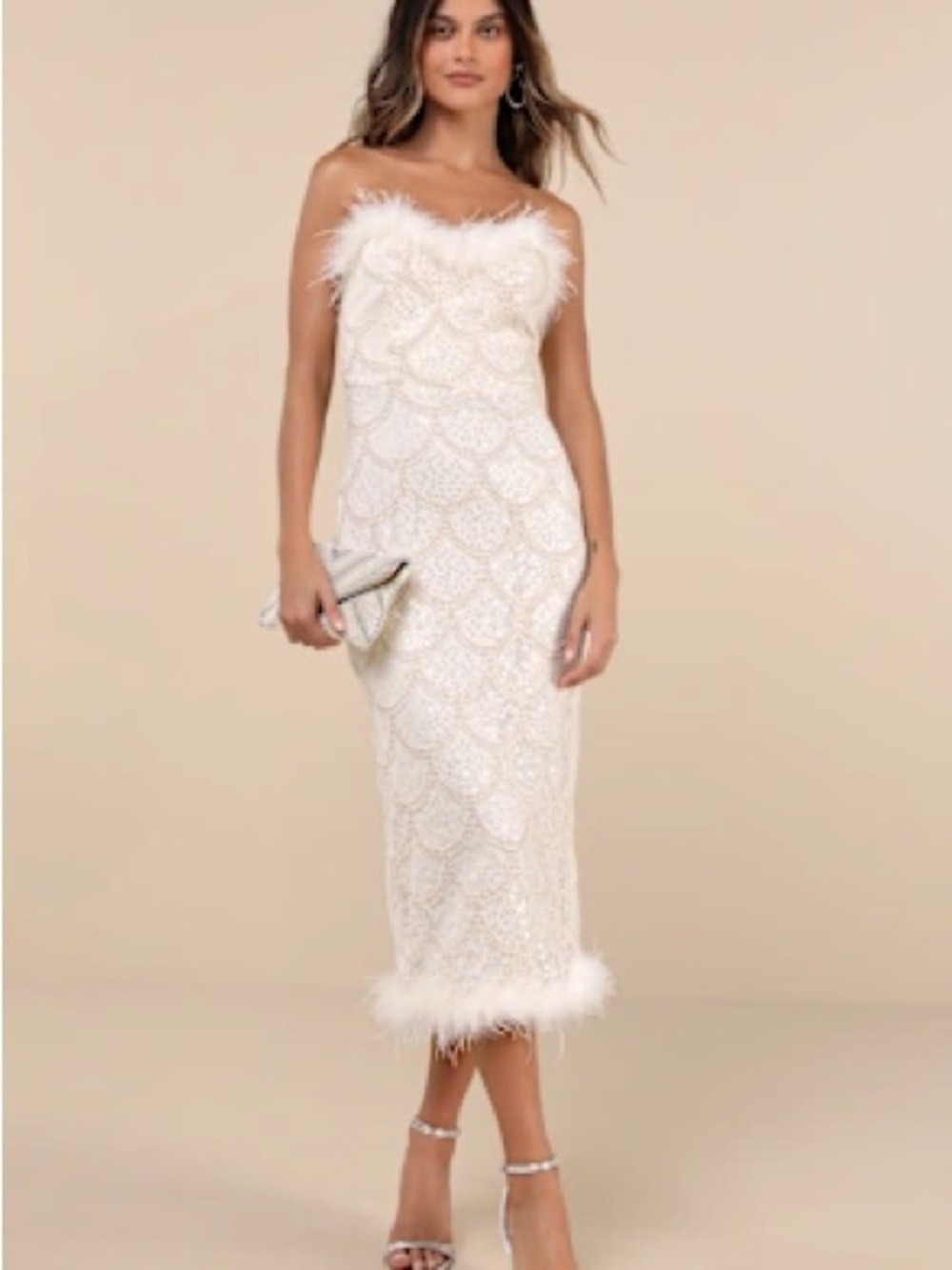 Lulus Uniquely Confident Cream Lace Feather Strapless Midi Dress Size Medium NWT